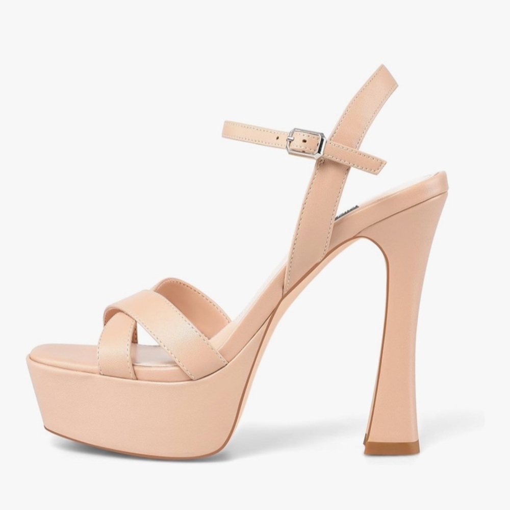 Dumjey High Heel Sandal Platfrm Open Toe Buckle Strap Chunky Heel Nude 8.5‎ EUC